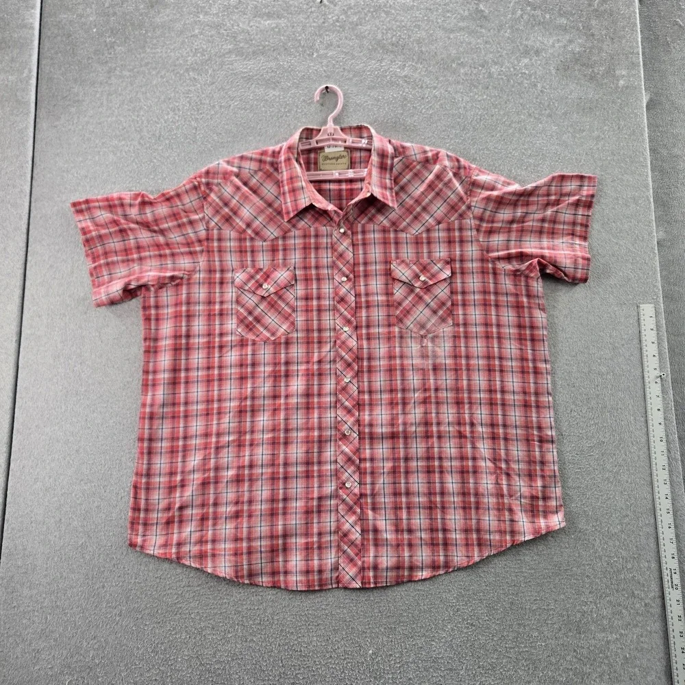 Wrangler Men Button Up Shirt 3XL Red Plaid Western Pearl‎ Snap Short Sleeve